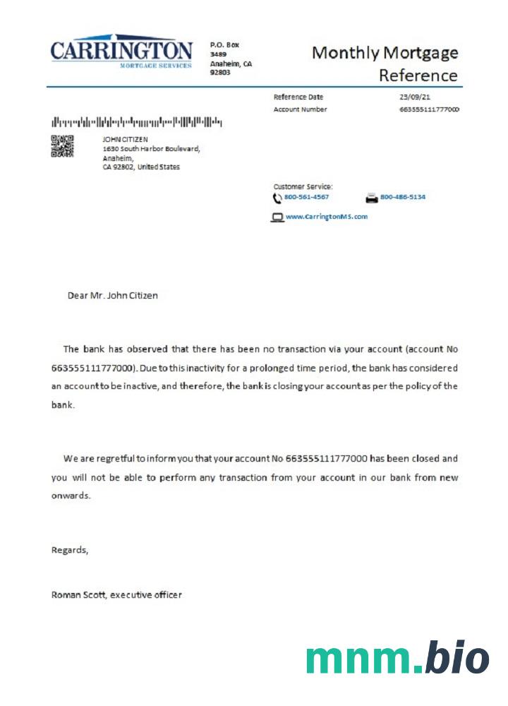 Przykład odniesienia do zamknięcia Carrington w USA w formatach Word i PDF